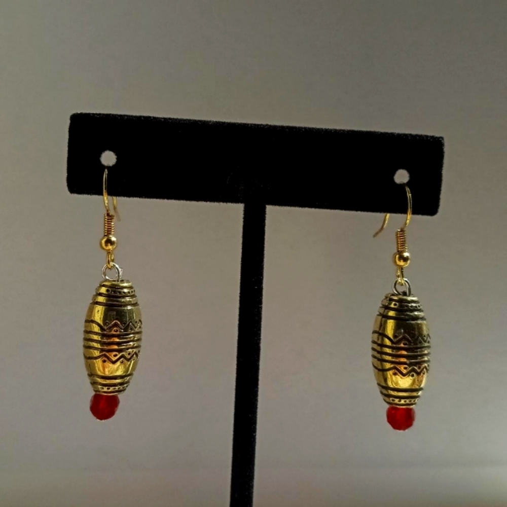 hand crafted Gold plated engraved and red crystal earrings vintage boho